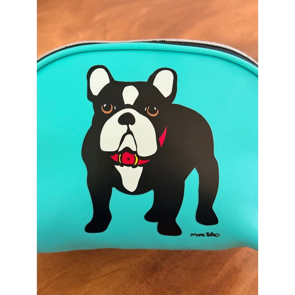 Marc Tetro French Bulldog Turquoise Cosmetic Bag Makeup Pouch Vegan Leather
